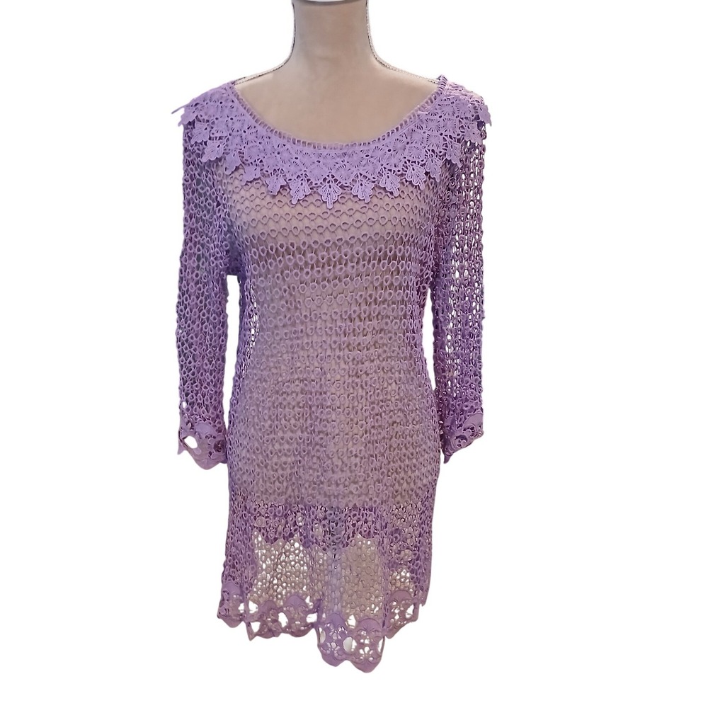 Lavender Purple Crochet Lace Tunic Top Floral Scalloped Hem Long Sleeve Boho